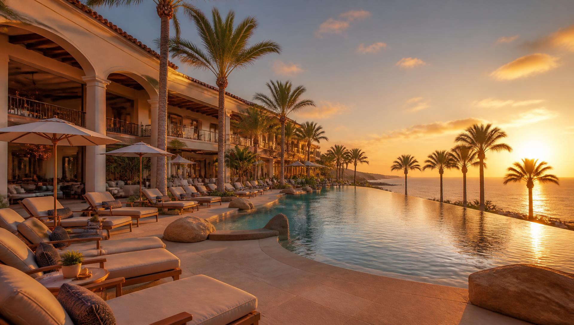 Luxury resort infinity pool at sunset